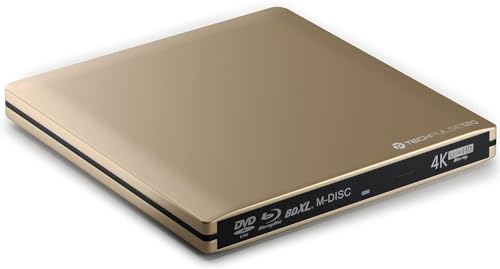 techPulse120 externes USB 3.1 USB-C 3.0 UHD HDR 4k 3D MDisc BDXL Laufwerk Bluray Brenner Burner Superdrive BD DVD CD für Computer Desktop PC Notebook Windows macOS Apple iMac MacBook Aluminium Gold