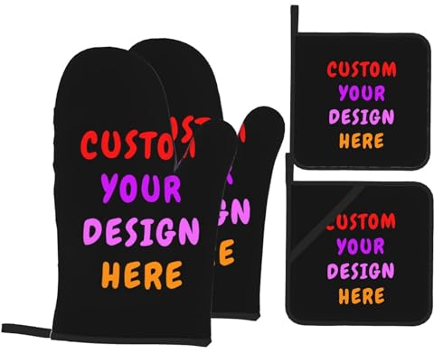 Custom Personalized Oven Mitts and Pot Holders - Baking Gifts for Women, Kitchen, Cooking, BBQ, Grillin (2 Mitts + 2 Holders)