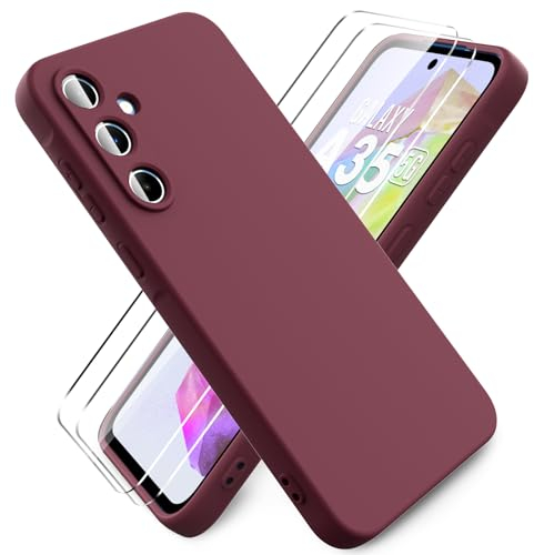 Ikziwreo Cover per Samsung Galaxy A35 5G + 2 Proteggi Schermo in Vetro Temperato,Custodia in Silicone Morbido TPU Liquido,Case Protettiva Gomma Antiurto - Bordeaux