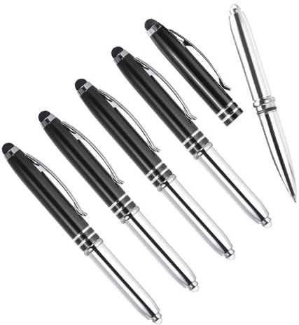 YOKIVE 5 Stück Kugelschreiber Mit Stylus-Spitze Und LED-Taschenlampe 3 In 1 Schwarz Tinte Metall Stift 1.0mm Mittelspitze Ideal Für Touchscreens Büro Schwarz