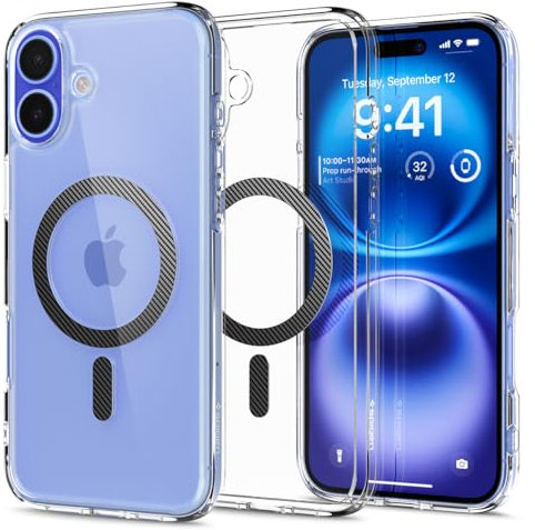 Spigen Ultra Hybrid MagFit Case for iPhone 16, Compatible with MagSafe Accessories [Anti-Yellowing] [Military-Grade Drop Protection] - Clear Carbon Fiber