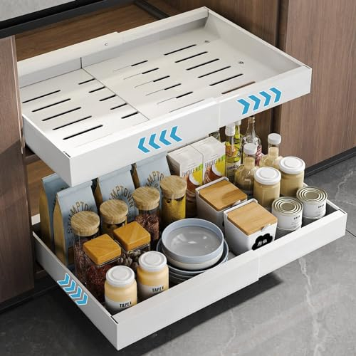 Towwoo ExKeen Cajón Telescópico, Cajones Extraibles para Cocina, con Cintas Adhesivas Nano, Organizador de Armario Extensible Desplegable, sin Necesidad de Taladrar, 32-52 x 42 x 7,5 cm (Blanco)