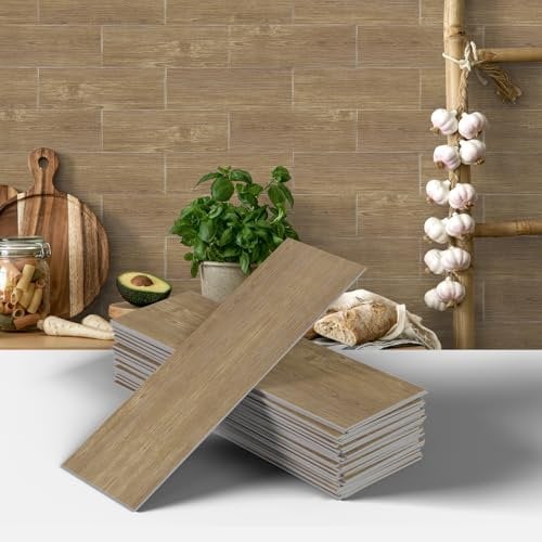 AMOYUN PVC Adesivi Parete, 12 Piastrelle Adesive Pavimento Effetto Legno Autoadesiva Resistente al Calore Impermeabile Backsplash per Cucina Soggiorno Camera Letto 10cm x 30cm