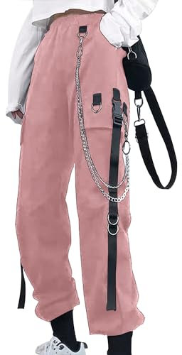 YINGWIN Pantalon cargo pour femme avec chaîne de pantalon gothique Y2k Techwear, Rose, XXL