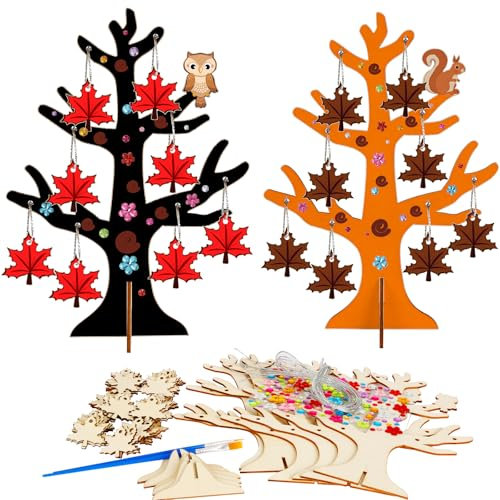 LOOPES Autumn Crafts for Kids,Wooden Autumn Tree Decorations with Autumn Leaves Painting Brushes and Silver Threads Autumn Craft Supplies for Fall Thanksgiving Halloween Harvest Decorations