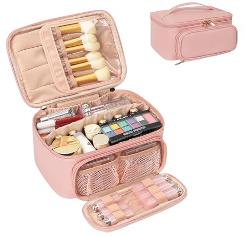 Travel Makeup Bag, Portable Cosmetic Bag with Makeup Brush Organiser Large Capacity Make up Case Water-Resistant Toiletry Bag for Women Travel Essentials, Large Pink