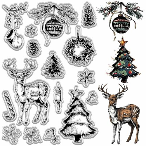 craspire Weihnachts Stempel Transparent Weihnachtsbaum Glöckchen Hirsch Stock Schneeflocke Winter Dekorative Wiederverwendbare Silikonstempel Zum Basteln von Karten Zum Selbermachen von Fotoalben