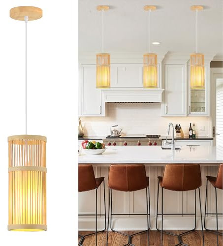 Schindora Pendelleuchte Boho,Bambus und Holz Lampenschirm FüR Esstisch Vintage lampe E27 Dekor Handgewebt Lampenschirm HäNgelampe FüR Nachttischlampe KüChe Schlafzimmer Wohnzimmerlampe