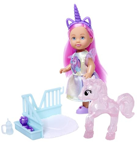 Simba Evi Love Unicorn, Spielpuppe trägt EIN süßes Einhornkleid mit passendem Haarreif, inkl. Einhorn mit Stall, Äpfeln und Trinkflasche, 12cm, ab 3 Jahren