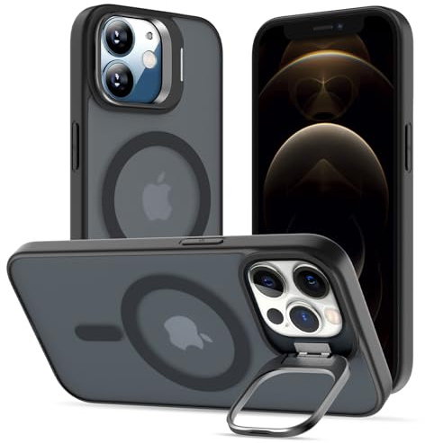ÁRBOLORO Coque pour iPhone 12/12 Pro avec Béquille, Compatible avec MagSafe, Etui de Téléphone avec Caméra Support en Métal Intégrée, Housse de Protection de Qualité Militaire, Mat Translucide Noir
