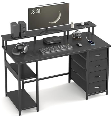MUTUN 120CM Computer Desk with 4 Fabric Drawers, Gaming Desk with Power Outlets, Home Office desk for Monitor Stand and Storage & Shelves, Work Desk with USB and TypeC Charging Port, Black