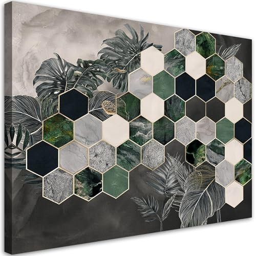 Feeby Bilder - Foto Geschenk - Monstera Blätter Sechseck - 90x60 cm 1tlg - Leinwandbilder Wohnzimmer - Wandbild über dem Bett - Bild Schlafzimmer - Aesthetic Zimmer Deko - Modern Pictures