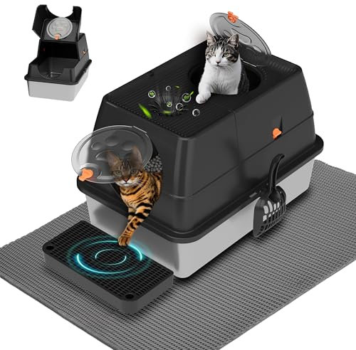 Citylife Stainless Steel Cat Litter box with Lid, Large Enclosed Metal Cat Litter Tray with Scoop & Steps, 120°Flip-top, Easy Clean, Non-Sticky, Non-Odor, Black