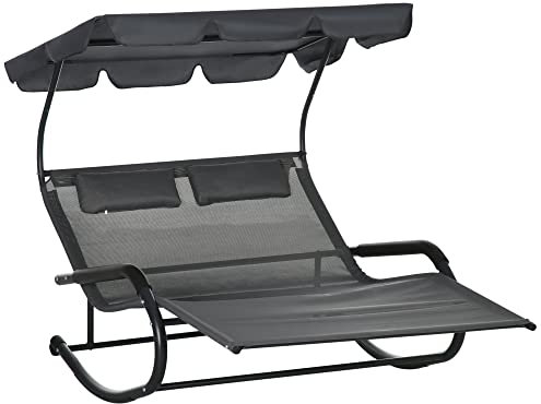 Outsunny Chaise Longue Double avec Toit Solaire, Appui-têtes détachables, Bain de Soleil de Patio pour 2 Personnes, transat de terrasse à Bascule, Ergonomique, 2 Roues, Noir