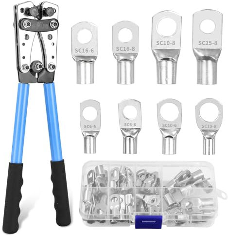 Grande pince à sertir pour câbles de 6/10/16/25/35/50 mm² et 10-1/0 AWG avec 60 embouts à œillets en cuivre, idéal pour les installations solaires automobiles et les applications domestiques, bleu