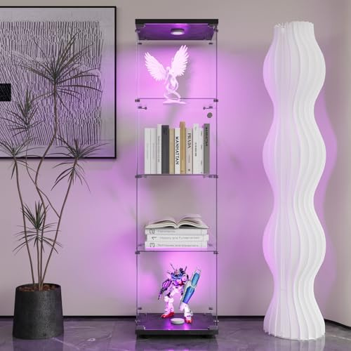 KeepGoon Moderner Sammlerschrank aus Glas, vierschichtig, Glasvitrine mit 4 Einlegeböden und 1 Türen, mit LED-Beleuchtung, geeignet für Wohnzimmer, Schlafzimmer, Büro (schwarz)
