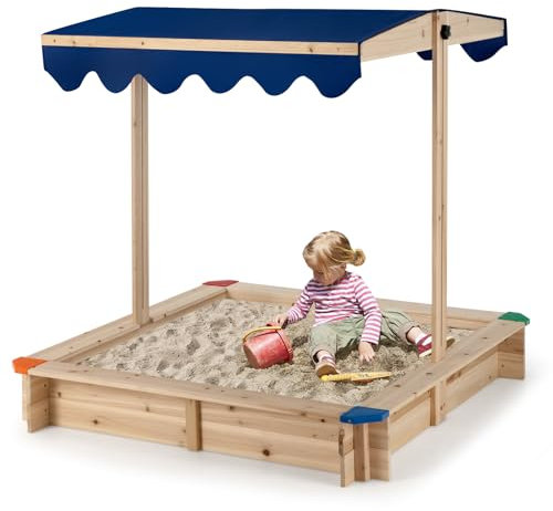 SOARS Sandkasten mit höhenverstellbarem Dach 120x120cm, Sandbox aus Tannenholz mit Sitzbänken, Sandkiste für Garten, Balkon & Strand