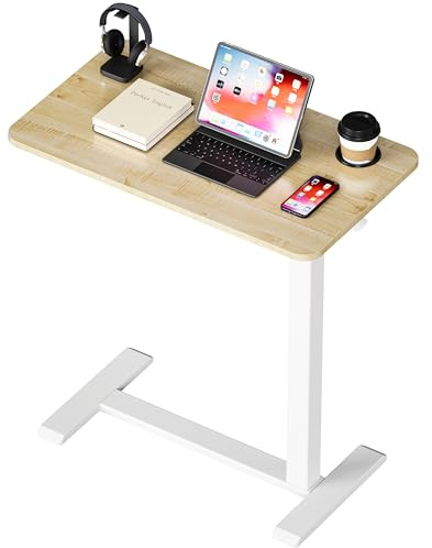 BIZUM Adjustable Bedside Table with Swivel Hidden Wheels Pneumatic Rolling Desk Mobile Standing Desk with Cup Holder for Hospital Home(70x40cm Maple)