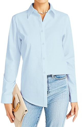 JiaYouLC Women's Long Sleeve Blouses & Shirts Stretch Formal Button Down T Shirts Executive Office Business Casual Tops for Ladies (UK, Alpha, XXL, Regular, Regular, Blue, Long Sleeve)