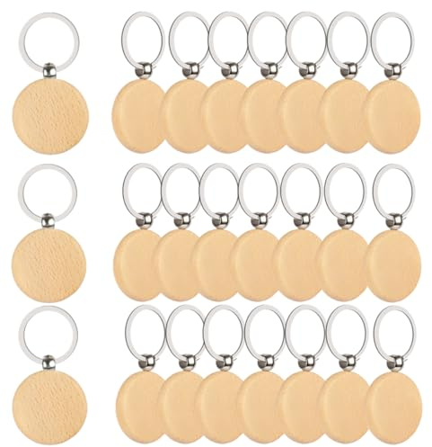 Marsred Holz Schlüsselanhänger Blanko DIY - 24 Stück, 4 cm Ø - Rohlinge zum Bemalen & Gravieren - Für Basteln, Geschenke, Schlüsselbund, Dekoration