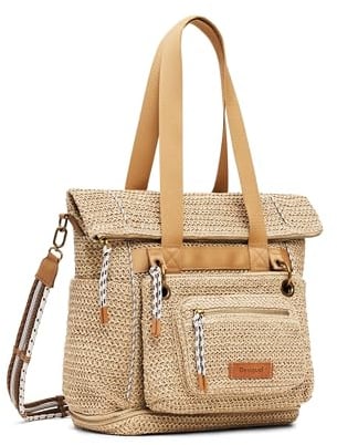 Desigual Schultertasche Umhängetasche Raffia Voyager Backpack Natural beige