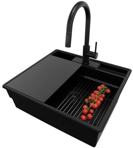 PRIMAGRAN Granitspüle ab 60er Unterschrank + Küchenarmatur, 58x53cm | Set: Küchenarmatur BW9010 + Ablauf-Set (Siphon, Ablaufgarnitur, Überlauf) + Spülbecken 1 Becken - New York, Alles Schwarz