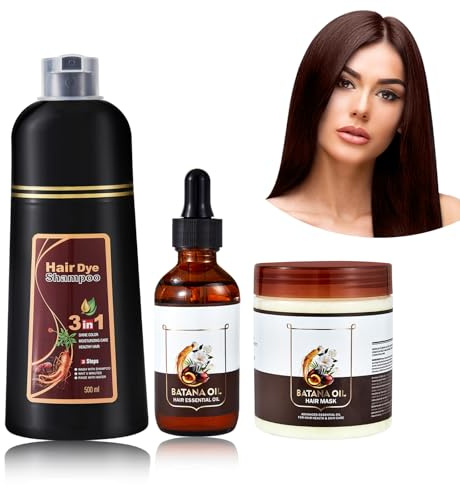 Braun Shampoing de coloration pour cheveux 500 ml + 50 ml d'huile de batana + masque de 300 g, shampooing anti-gris, kit de soins capillaires unisexe