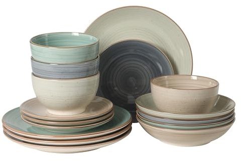 Gibson Home Stonebury Teller und Schüsseln, verschiedene Farben, handbemaltes Steingut-Geschirr-Set, Service für 4 Personen, 16-teilig