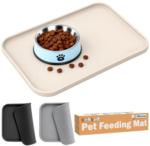 Greatbond Napfunterlage Hund,Verstärkte Kanten,rutschfest,55x38cm,Beige | 1,2CM Hohe Ränder Futtermatte,Bpa-Freie Wasserdichte Silikon-Platzierung,Napfunterlage Für Katzen UND Hunde,Antirutsch-Noppen