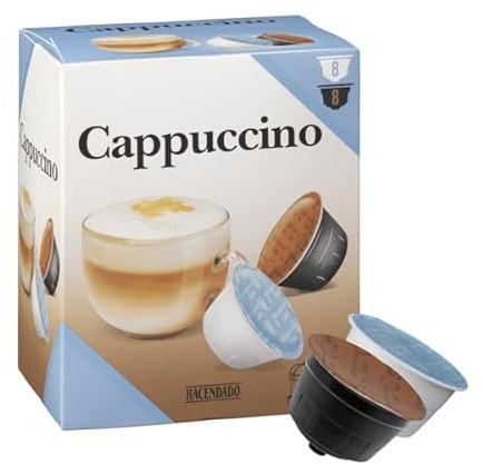 Café en capsules cappuccino Hacendado compatible avec les machines Dolce Gusto – Boîte de 8 capsules (185,6 g). Pack de 2