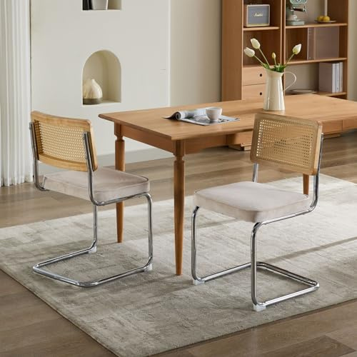 Worletty Freischwinger Stühle, Freischwinger Wiener geflecht, Mid Century Modern Essstühle Set von 2, Samt Akzent Stühle mit natürlichem Rohr Rücken & Edelstahl Chrome Base (Beige)