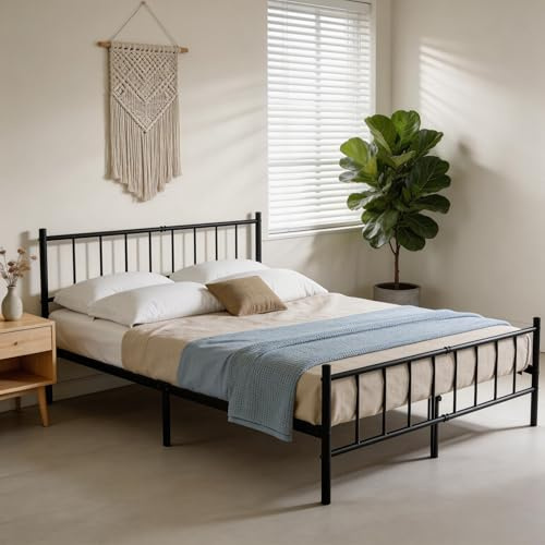 XMTECH Metallbett 140x200 cm Bettgestell mit Lattenrost, stabiles Doppelbett Metallbett mit Kopf, modernes Bettgestell Schwarz mit Stauraum, Schlafzimmer Gästebett
