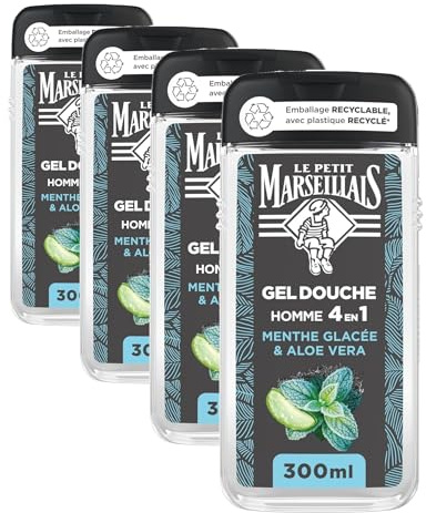 Le Petit Marseillais – Gel Douche Homme 4 en 1 Menthe Glacée & Aloe Vera (Corps, Cheveux, Visage & Barbe, flacon 300ml) – Formule avec 92% d’ingrédients d’origine naturelle – Emballage recyclable