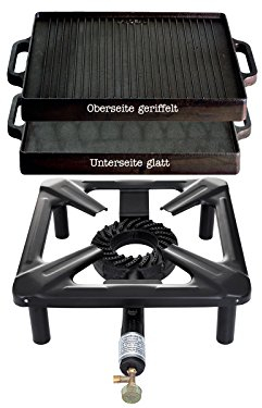 PaellaWorld 3030+3232 Hockerkocher mit 8,5 kW Leistung, Abmessung 30 x 30 x 15 cm und Gusseisengrillplatte 32 x 32 cm