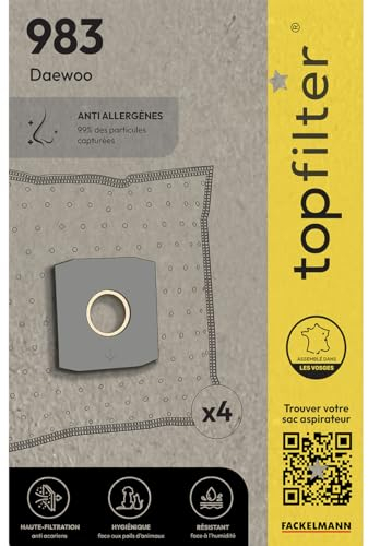 TopFilter 64983 Lot de 4 sacs aspirateur Daewoo, sac aspirateur, poche aspirateur, accessoire aspirateur, Non tissé polypropylène, Carton, Caoutchouc, 30 x 26 cm, Blanc