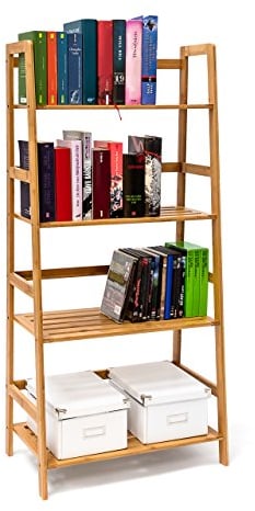Relaxdays Bücherregal aus Bambus mit 4 Ablagen HxBxT: ca. 120 x 57 x 31 cm Regal für Bücher in Leiterform Standregal mit Durschubsicherung als Bücherschrank und Büroregal Aktenregal aus Holz, natur