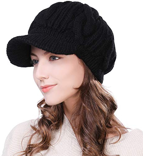 Comhats Fancet Damen Dicke Strickmütze gestrickte Barett Mütze mit Visor Baskenmütze Schirmmütze 10120_Schwarz(gesteppt Futter)