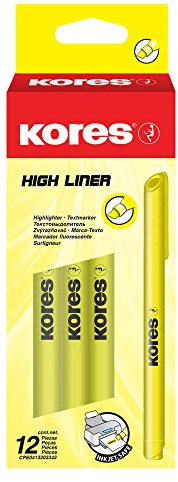 Kores - High Liner: Dünne gelbe strahlende Textmarker Stifte, mit Keilspitze und wasserbasierter Tinte, Schul- und Bürobedarf, 12 Stück Packung