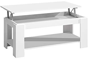 Table Basse avec Plateau relevable et Espace de Rangement et étagère inférieure, Couleur Blanc Mat, Dimensions 102 x 43 x 50 cm (la Hauteur Peut être relevée de 43 à 54 cm)
