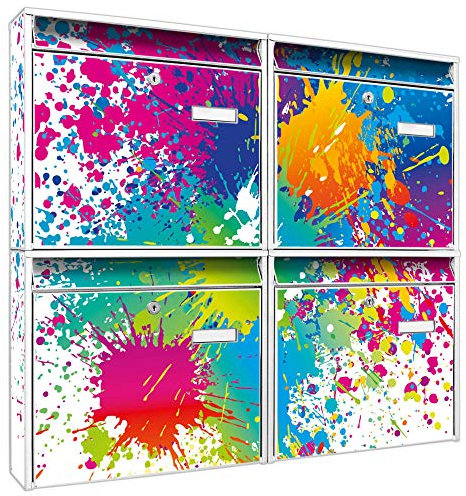 Briefkastenanlage 4 Fach | Postkästen 72x64x10cm groß | verzinkter Stahl weiß DIN A4 Motiv Farbspritzer | Briefkasten Set 4 Briefkästen Namensschild, 2 Schlüssel, Montagematerial