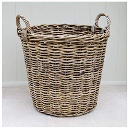 Large Wicker Log Basket Round With Handles Grey & Buff Rattan