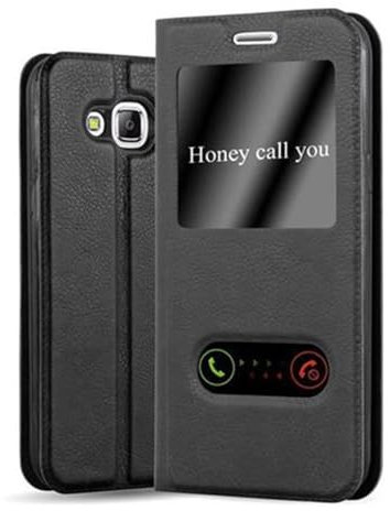 cadorabo Coque pour Samsung Galaxy J5 2015 en Noir COMÈTE - Housse Protection avec Stand Horizontal et Deux Fenêtres - Portefeuille Etui Poche Folio Case Cover