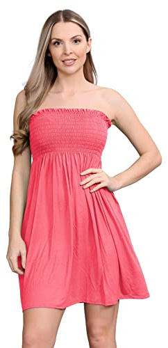 janisramone® Womens Bandeau Dress, Boob Tube Sheering Ruched Flared Mini Dress, Plain Strapless Summer Dresses, Perfect Holiday & Beach Dresses for Women UK Coral