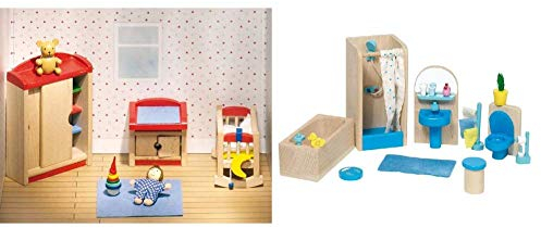 Goki 51905 - Kinderzimmer, 12-teilig, Puppenhausmöbel & 51903 - Badezimmer Puppenhausmöbel, 17-teilig
