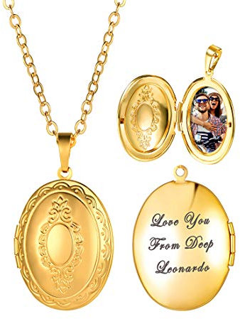 U7 Collier Femme Personnalisé avec Photo Texte Chaîne et Pendentif Médaillon Plaqué Or Bijou Porte Photo pour Fille