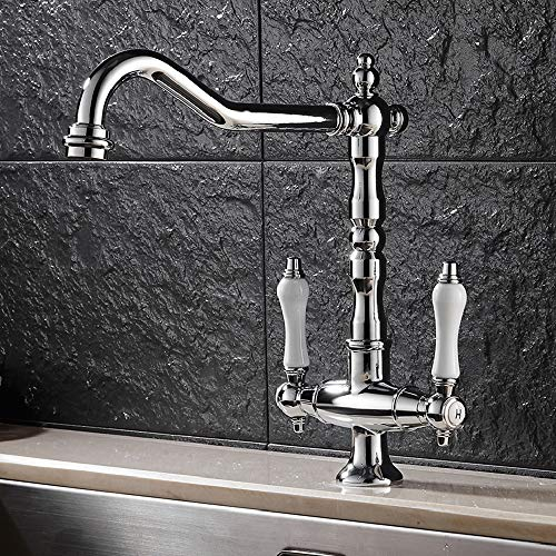 Robinet de cuisine antique Robinet de lavabo vintage design élégant rétro avec double levier haut bec rotatif à 360° mélangeur d'eau froide et chaude (argent)