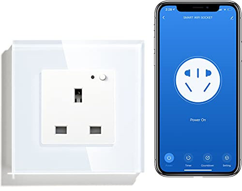 BSEED WiFi Smart Socket Single Pole Alexa Switched Socket White Indicator On/Off Switch Button 86mm Termpered Glass Panel 1 Gang 1 Way Alexa/Google/Echo Dot Embedded Wall Outlet