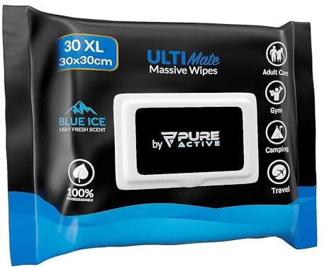 Pure Active XXL Body Wipes for Face and Body Deodorizing Men's Shower Wipes for Camping, Travel and After Workout 30 x 30 cm, Blue Ice Fragrance 30 Pieces