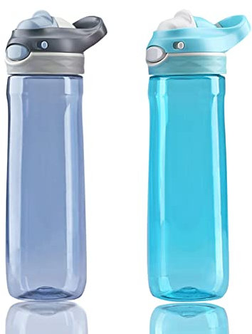 DEART 2-Pack 750ml Grau&Himmelblau Wasserflasche mit Griff, BPA frei, automatische Gießwasserflaschen, Einhandbedienung, schnell ohne Stroh, einfach für Outdoor-Sportarten, Büro, Turnhalle etc.