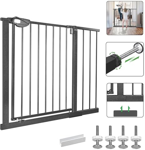 LZQ Treppenschutzgitter, Doppelschloss extra sicheres Metall-Türschutzgitter zum Klemmen, Schwarz, 85-95 cm, Türgitter Klemmgitter | 90° Stop | Schließt automatisch